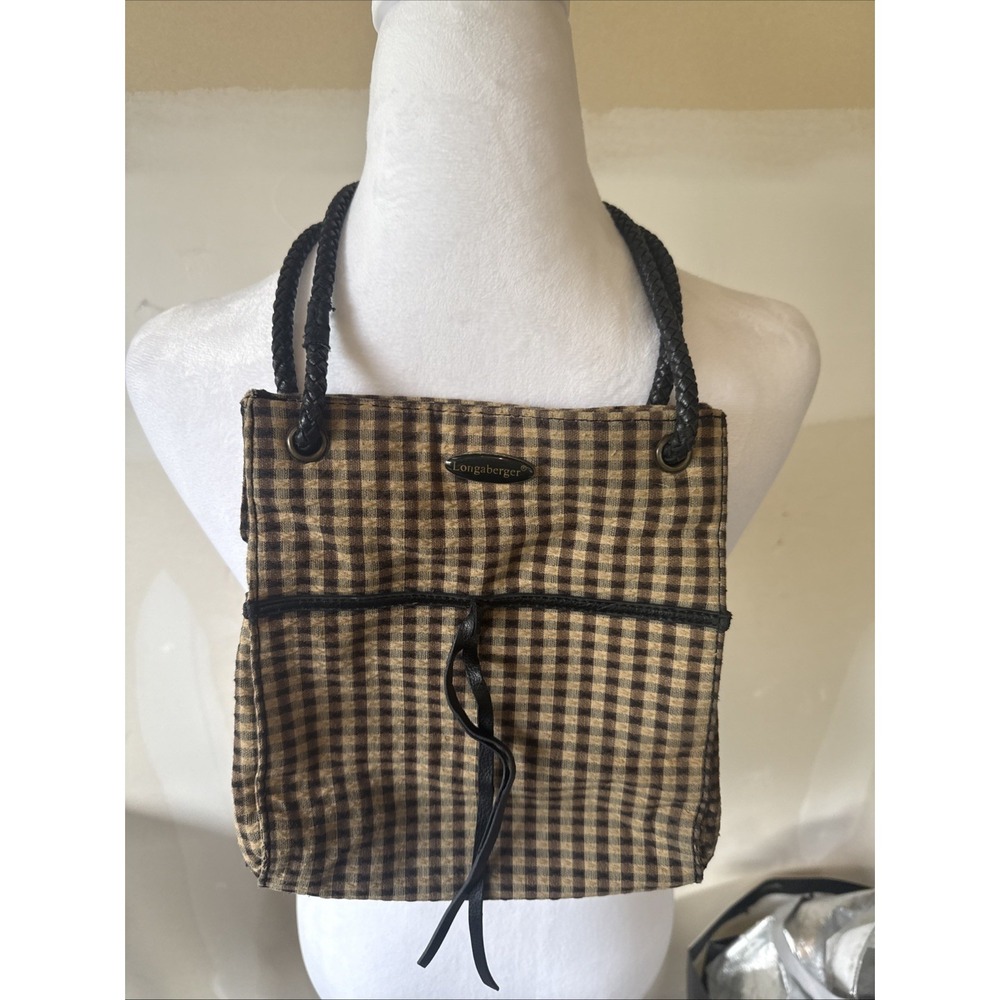 Longaberger Homestead Bag  black tan check Bow Small Mini Tote Purse Lunch lined